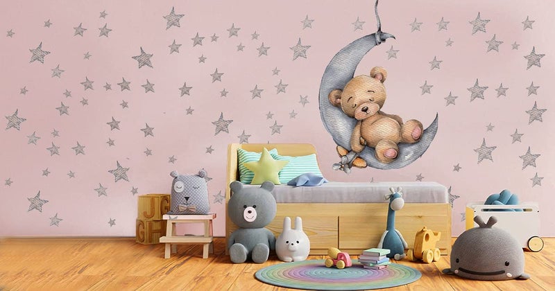 DEKOSH Teddy Bear Sleeping on The Moon Nursery Wall Decal with 90 Stars - Cute & Adorable Baby Nursery Decor - Image 4